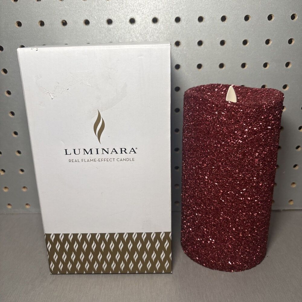 Luminara Flameless Pillar Candle Red Glitter Beaded 7" x 3.5" Tested NO REMOTE